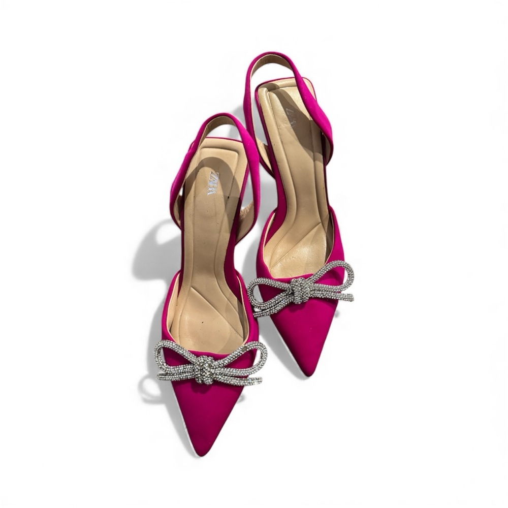 SOLD-Elegant ZARA Pink Slingback Heels with Silver Bow, Size 39(8.5) - Picture 8 of 10